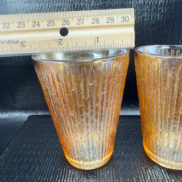 Jeanette Tree Bark Marigold Carnival Glass Tumblers Set 2 Barware Iridescent VTG - Picture 3 of 9